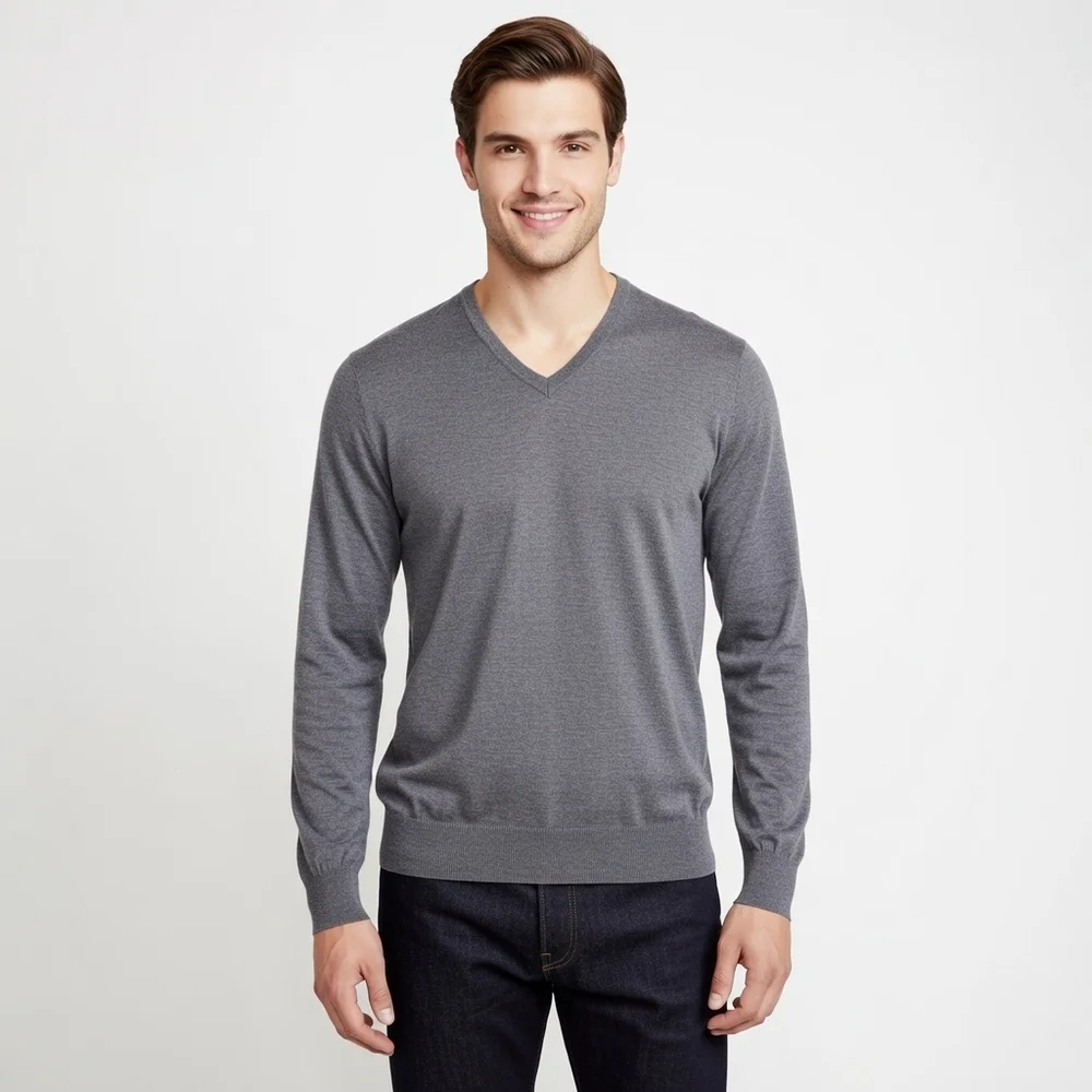 Banana Republic Sweater Men's‎ L DeVee Grey V-neck Fine-knit Pullover Layering
